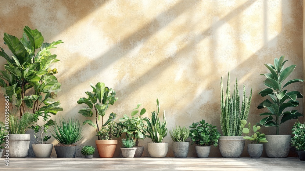 A serene arrangement of various indoor plants against a textured wall.