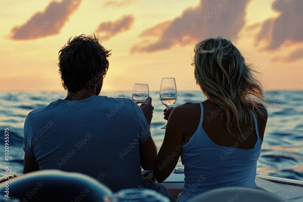 A couple enjoying a romantic moment on a boat, sipping wine from glasses A couple enjoying a romantic moment on a boat, sipping wine from glasses