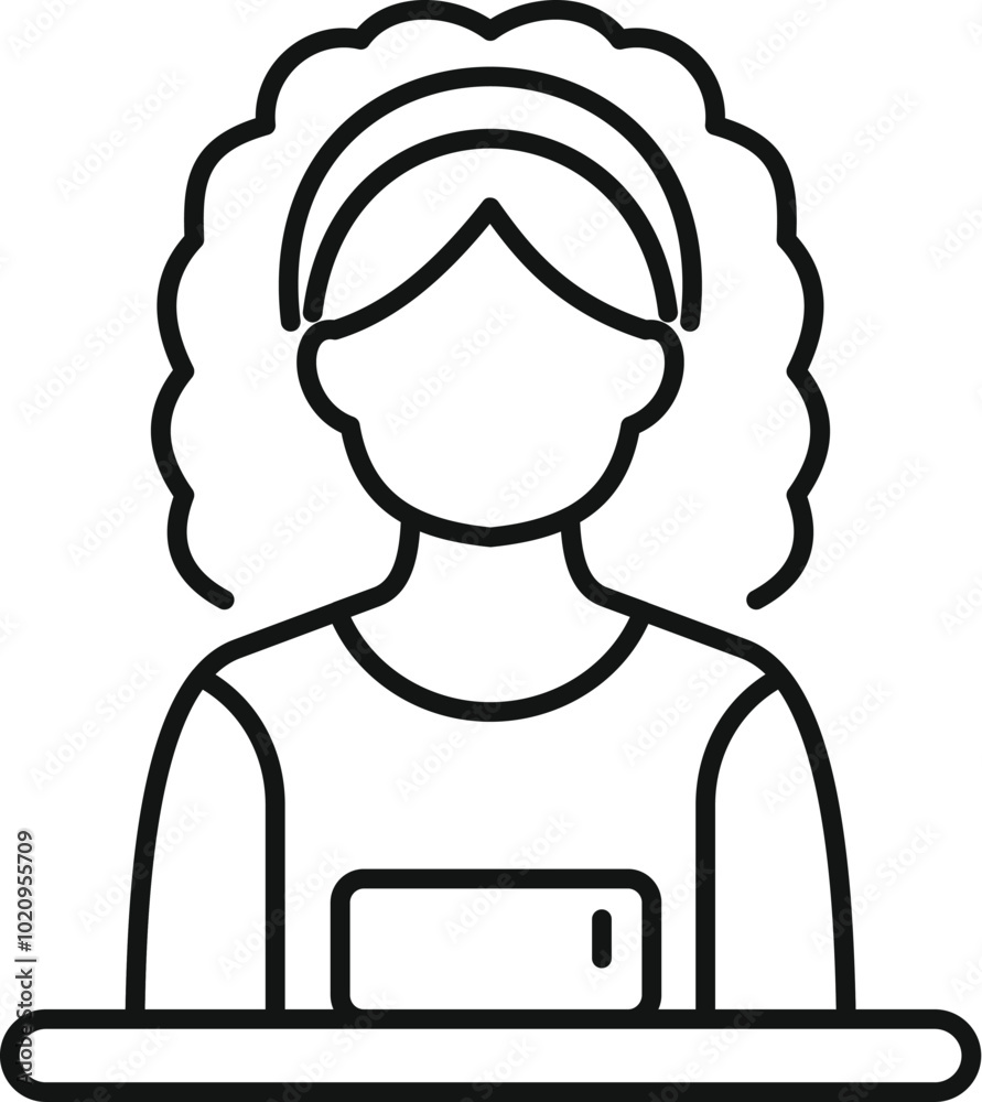 Line icon of a young woman cashier waiting at the cash desk holding a pos terminal Line icon of a young woman cashier waiting at the cash desk holding a pos terminal