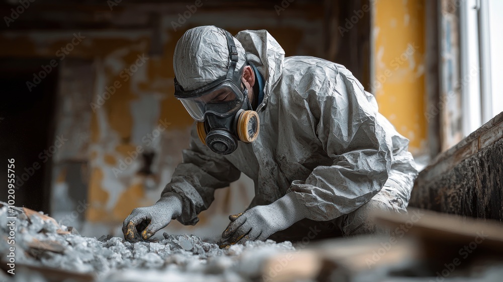 Worker in protective gear examining debris in a renovation site. Worker in protective gear examining debris in a renovation site.