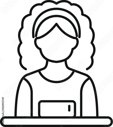 Line icon of a young woman cashier waiting at the cash desk holding a pos terminal