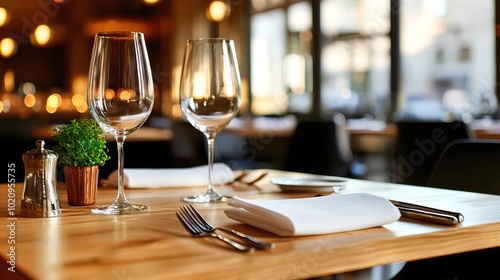 A luxury restaurant is elegantly set with tables, ready for an upscale dining experience.. photo