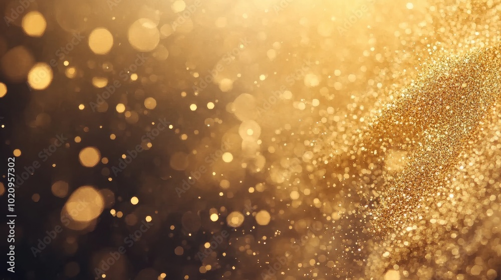 Golden Glitter Dust Bokeh Background with Sparkling Light Particles