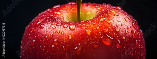 A red apple with water droplets on it, macro photography, black background