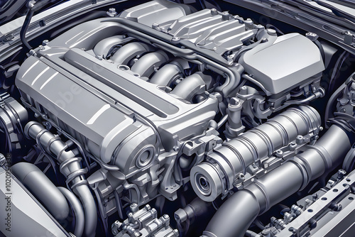 Wallpaper Mural illustration of Engine of a modern car, closeup on detail parts.	 Torontodigital.ca