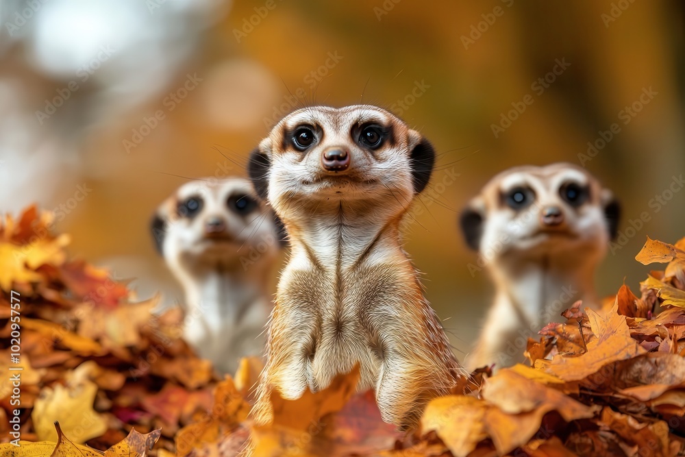Fototapeta premium Three meerkats in colorful autumn leaves, curious expressions, nature's beauty.