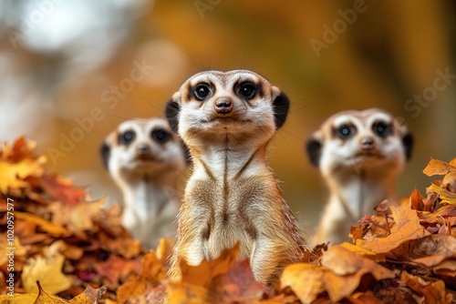 Three meerkats in colorful autumn leaves, curious expressions, nature's beauty.