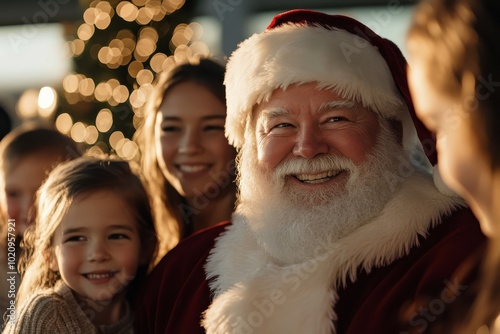 A radiant Santa Claus grins widely while surrounded by happy children and adults, all enjoying the festive spirit against the backdrop of holiday lights. photo