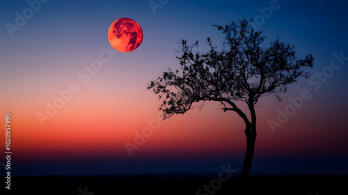 Red Moon and Silhouette of Deciduous Tree: A natural phenomenon showing the red moon in the evening sky with the silhouette of a deciduous tree.