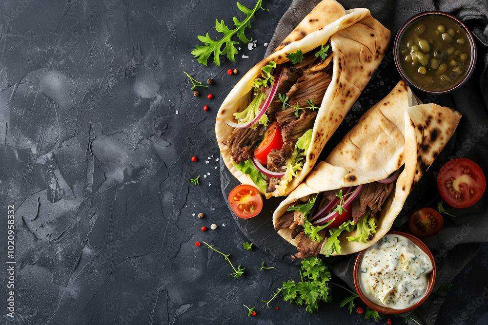 Fototapeta premium greek gyros rolled in pita, top view