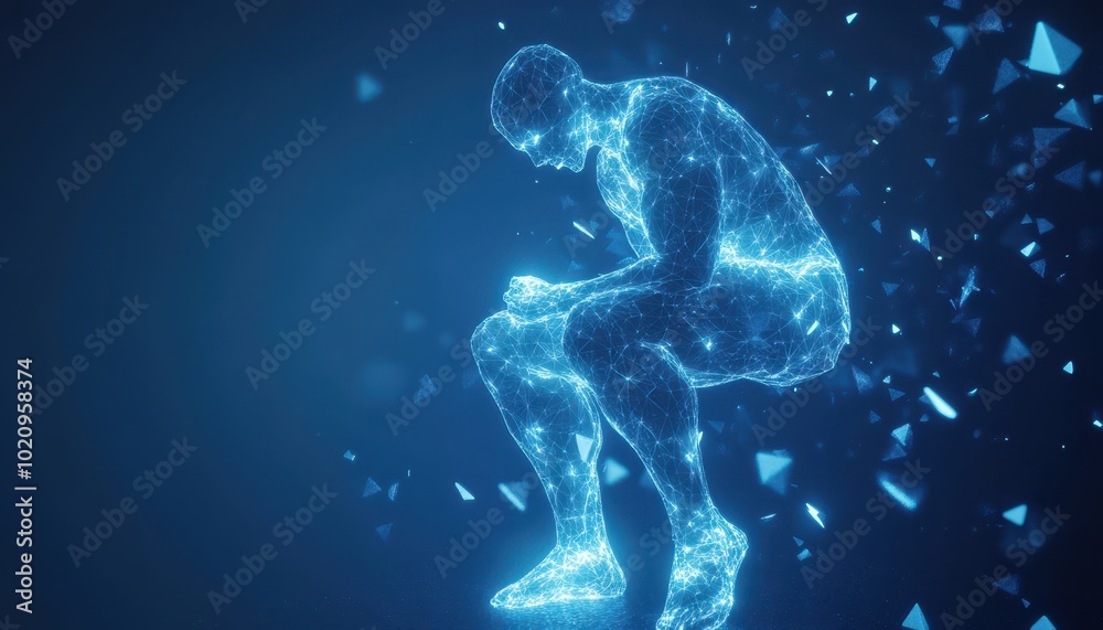 A Wireframe Human Figure with Blue Glowing Lines on a Dark Blue Background A Wireframe Human Figure with Blue Glowing Lines on a Dark Blue Background