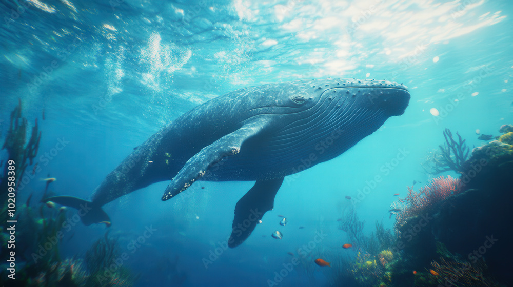 Fototapeta premium Majestic Blue Whale Swimming in Clear Ocean Waters