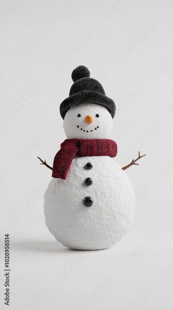 Fototapeta premium A snowman wearing a red scarf and a black hat