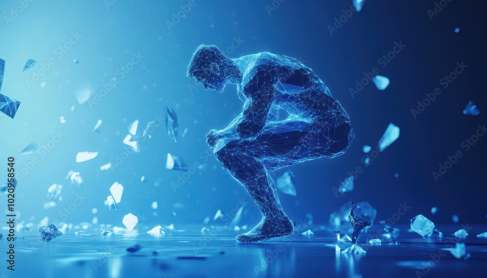 Fototapeta premium A Wireframe Human Figure Stands on a Blue Surface with Falling Geometric Shapes