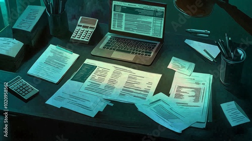 A dark office desk with tax documents, a laptop, and calculators scattered across the surface, evoking a late-night work session with focused attention on detailed financial or tax preparation tasks