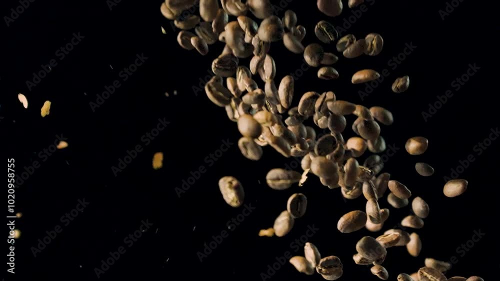 Tossing coffee beans into the air on a black background in slow motion Tossing coffee beans into the air on a black background in slow motion