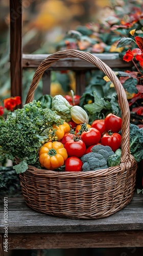 A tightly packed basket of vibrant, fresh tomatoes, yellow peppers, and greens, set against a flourishing garden backdrop, symbolizing health and vitality. photo