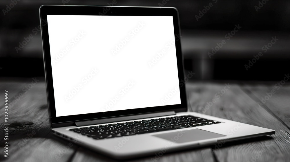 Laptop with a blank screen on a table, providing space for creative ideas and digital projects..