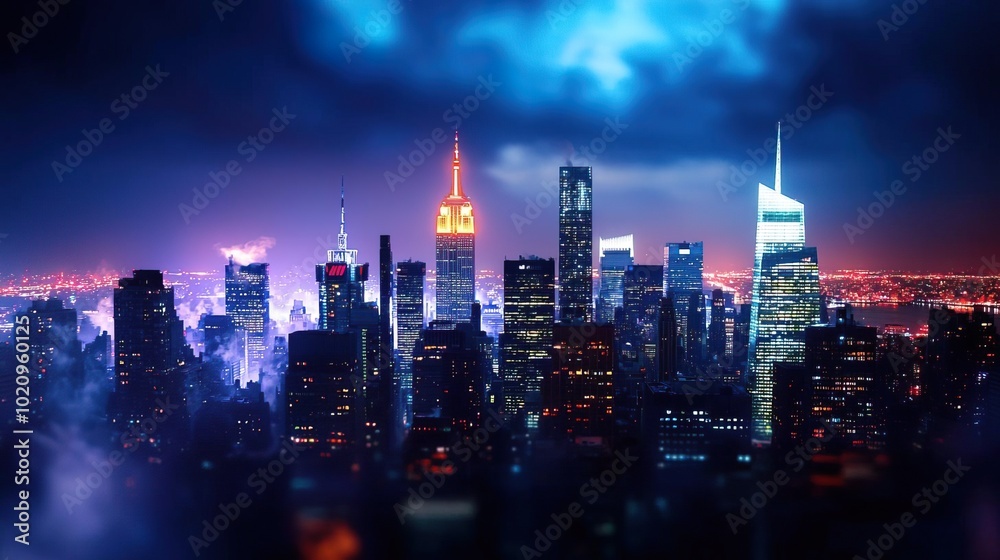 Panoramic night view of Manhattan, New York, highlighting the city's vibrant skyline and lights.. Panoramic night view of Manhattan, New York, highlighting the city's vibrant skyline and lights..