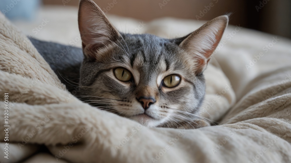 Blue abyssinian cat lying on bed in the bedroom Blue abyssinian cat lying on bed in the bedroom