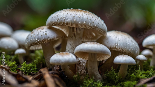 close-up macro shot of a cluster of delicate, white button mushrooms