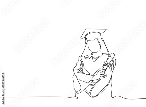 A graduate student wearing cap and gown line drawing continuous line art vector illustration.