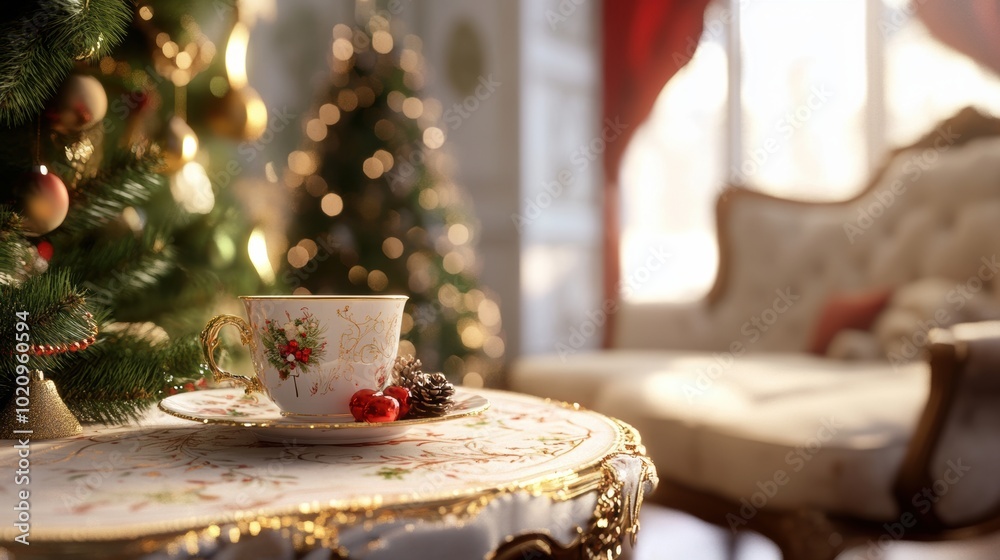 A coffee cup and saucer sitting on a table in front of a christmas tree A coffee cup and saucer sitting on a table in front of a christmas tree
