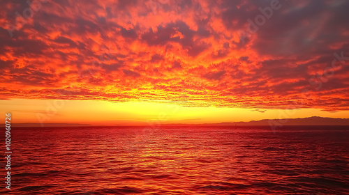 Nature's evening masterpiece: a serene sunset over the ocean with fiery red hues illuminating the sky, creating a peaceful afterglow as the heat of the day gives way to the calm of dusk.