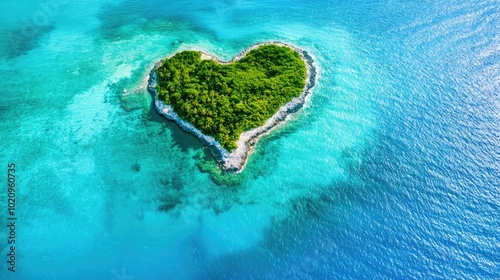 An island in the ocean with heart-shaped palm trees, top view