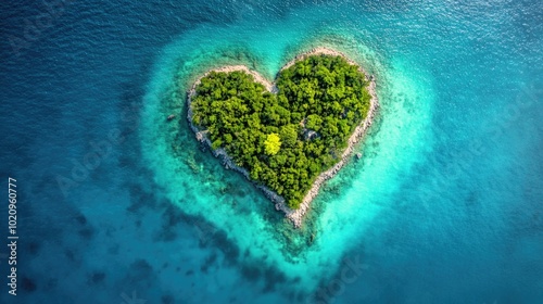 An island in the ocean with heart-shaped palm trees, top view