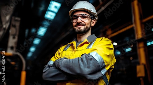 Portrait of a smiling heavy industry engineer in safety gear in front of a large factory..