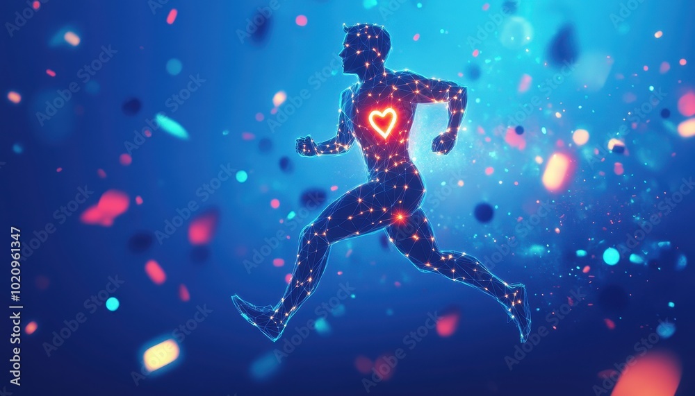 A glowing, running man with a heart on his chest in a blue background with bokeh lights. A glowing, running man with a heart on his chest in a blue background with bokeh lights.