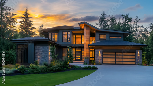 New contemporary style luxury home exterior at twilight.