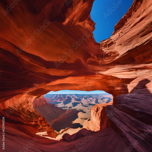 A panoramic view of a wide canyon with layers of red rock formations under a clear, blue sky - Generative AI