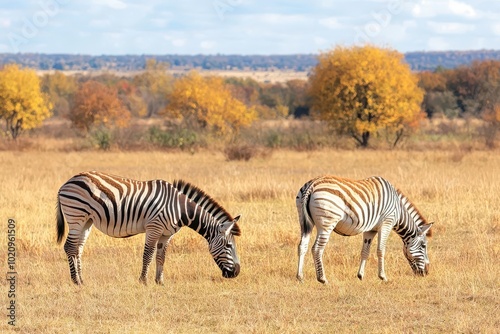 Two zebras grazing in a grassy landscape with fall foliage in the background. photo