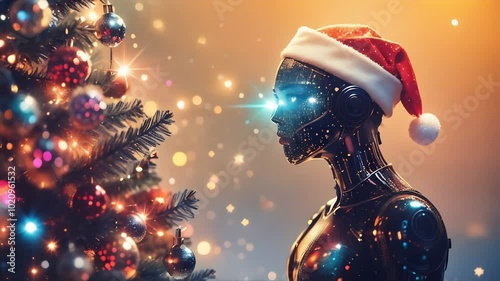 Futuristic Robot in Santa Hat Celebrating Christmas – AI Technology Meets Holiday Spirit in Festive Bokeh Lights
