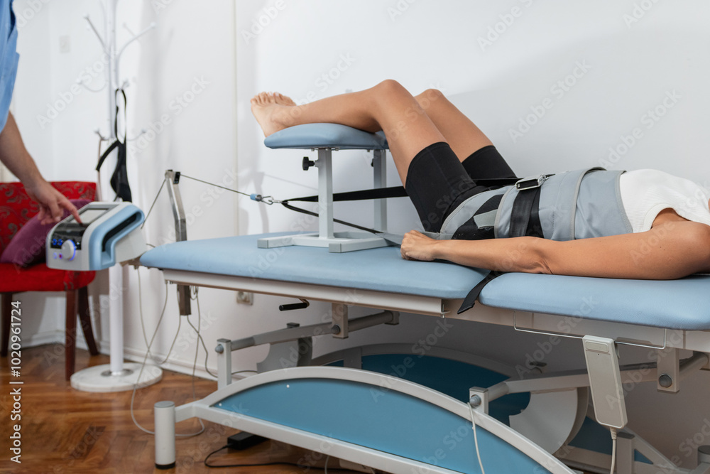 Physical therapist uses mechanical traction to relieve back pain and stiffness by gently stretching the spine, reducing pressure, and enhancing mobility for improved recovery. Physical therapist uses mechanical traction to relieve back pain and stiffness by gently stretching the spine, reducing pressure, and enhancing mobility for improved recovery.