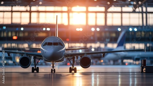 An airplane waits for departure in an airport terminal, with a blurred background for text space..