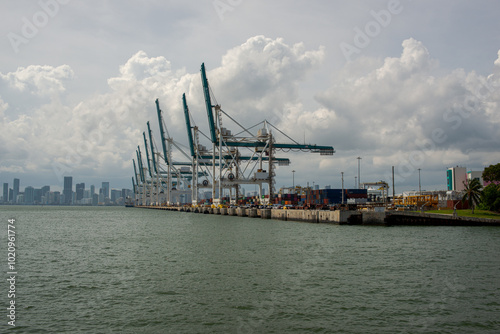 Miami industrial port view with skyline in background