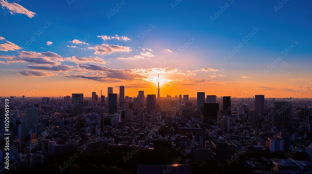 Obraz premium Captivating sunset view of Tokyo's skyline, blending traditional and modern elements beautifully..