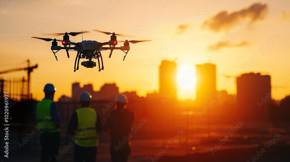 Diverse team pilots a drone at a construction site, overseeing architectural design and quality.. Diverse team pilots a drone at a construction site, overseeing architectural design and quality..