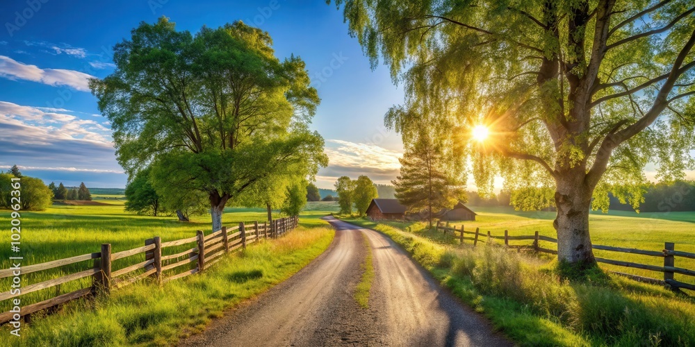 Obraz premium A tranquil countryside scene with a rustic wooden fence lining a winding dirt road leading towards a picturesque farmhouse bathed in the golden glow of a setting sun.
