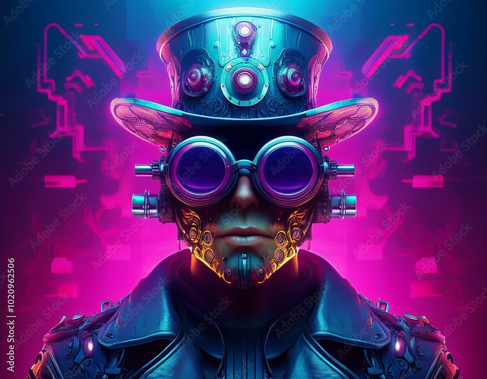 Cyberpunk cross with huge glasses and futuristic steampunk hat in sci-fi dystopia style, high contrast, hyper realistic, fantasy, bright colors, neon, purple, pink, blue Cyberpunk cross with huge glasses and futuristic steampunk hat in sci-fi dystopia style, high contrast, hyper realistic, fantasy, bright colors, neon, purple, pink, blue