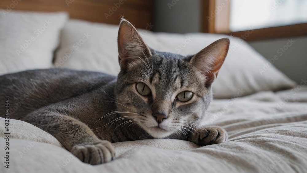 Blue abyssinian cat lying on bed in the bedroom Blue abyssinian cat lying on bed in the bedroom