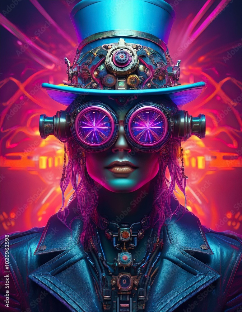 Cyberpunk cross with huge glasses and futuristic steampunk hat in sci-fi dystopia style, high contrast, hyper realistic, fantasy, bright colors, neon, purple, pink, blue
