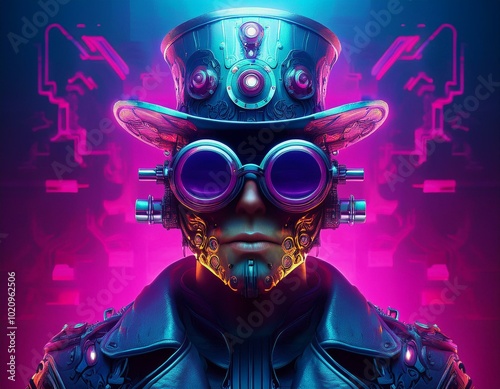 Cyberpunk cross with huge glasses and futuristic steampunk hat in sci-fi dystopia style, high contrast, hyper realistic, fantasy, bright colors, neon, purple, pink, blue