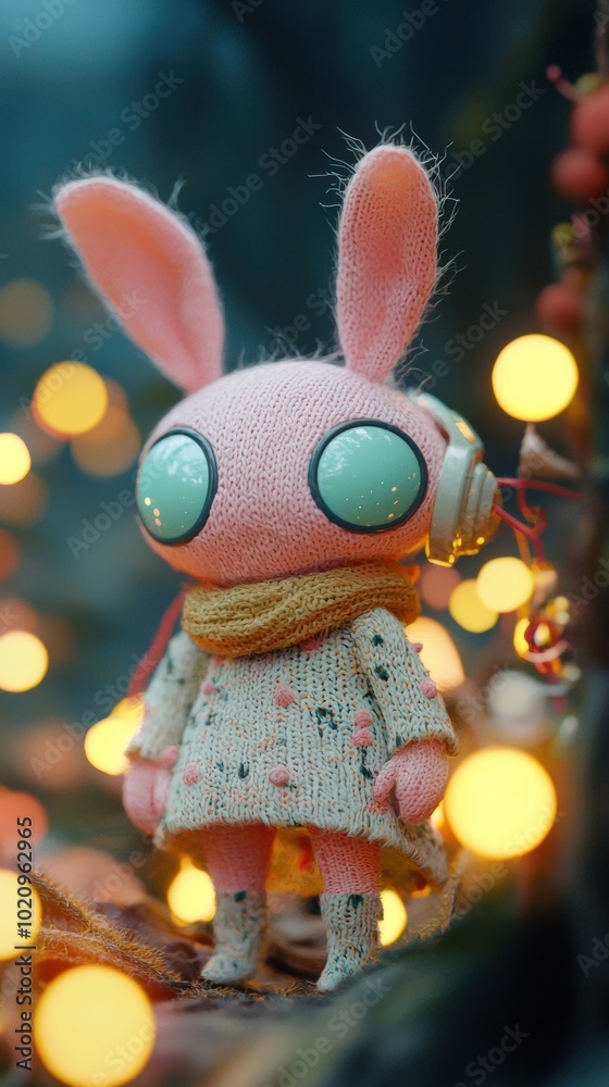 A stuffed animal wearing a sweater and scarf A stuffed animal wearing a sweater and scarf