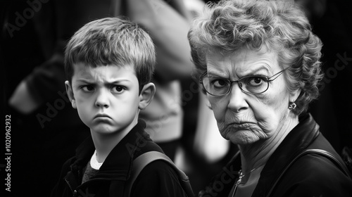 Grandmother and Grandson with Fierce Expressions in Subway Station photo