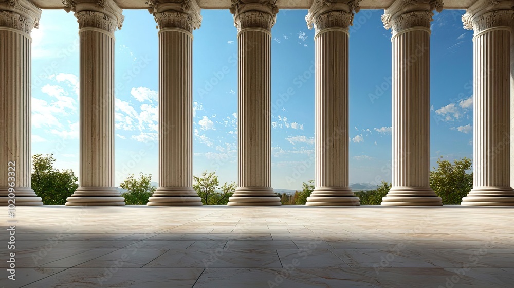 A classical building facade features stone marble columns, presented in a stunning 3D illustration.. A classical building facade features stone marble columns, presented in a stunning 3D illustration..