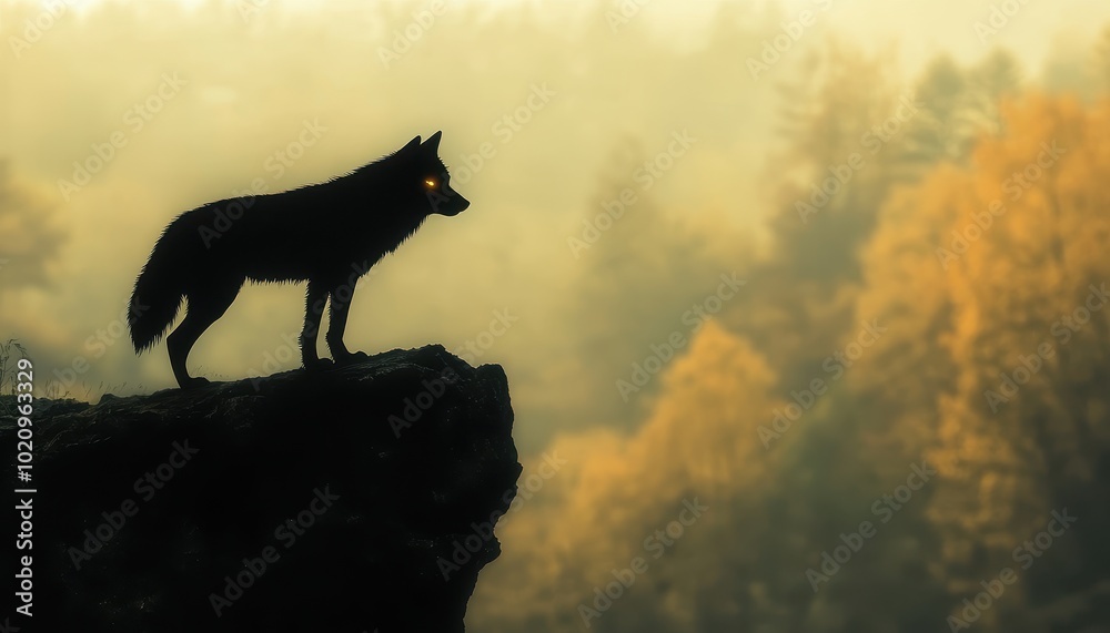 Silhouetted Wolf with Glowing Eyes on a Clifftop Overlooking a Misty Forest Silhouetted Wolf with Glowing Eyes on a Clifftop Overlooking a Misty Forest